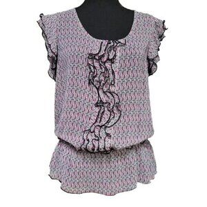 Worthington Semi Sheer Blouson Top Women’s Ruffle Peplum White Gray Purple